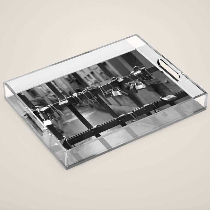 Love Locks on Canel Bridge, Bologna, Italy romantic black and white photography / photographs / photograph Acrylic Tray Gallery Image 1