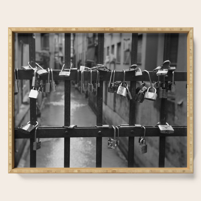 Love Locks on Canel Bridge, Bologna, Italy romantic black and white photography / photographs / photograph Serving Tray Gallery Image 1