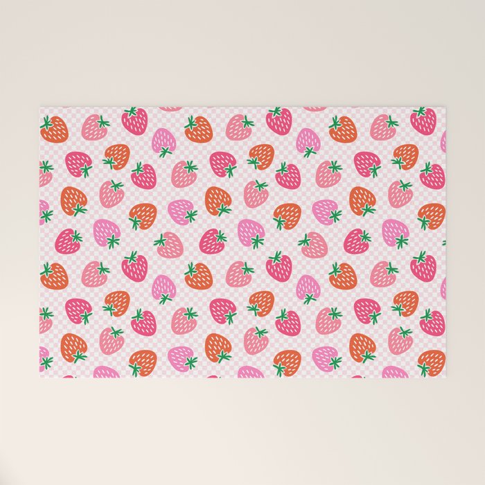 Strawberry Toss on Checks - Pink and Green Welcome Mat Gallery Image 1