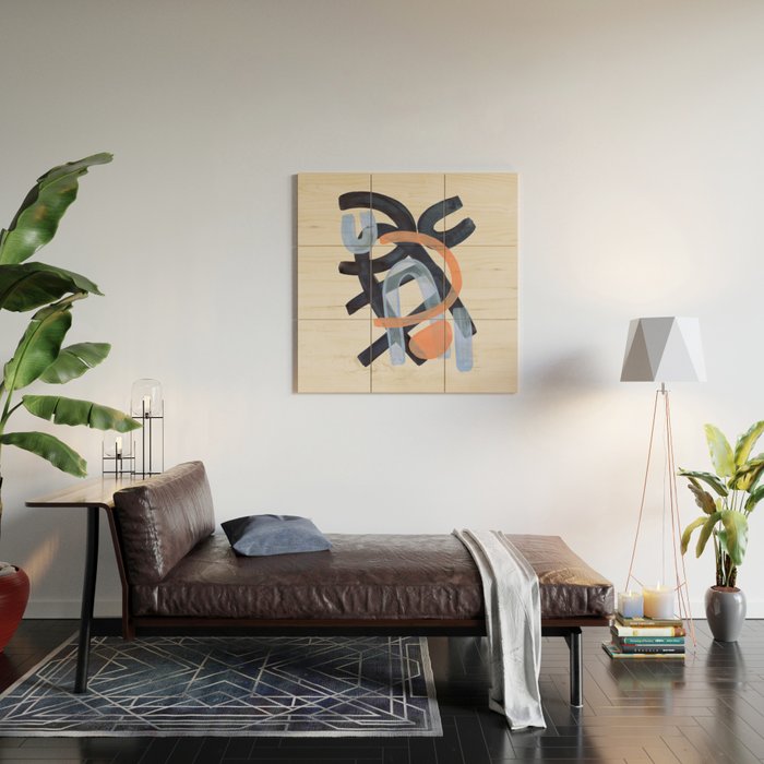 Midcentury Modern Minimalist Funky Cool Tribal Pattern Paynes Grey Pastel Blue Tan Shapes by Ejaaz Haniff Wood Wall Art Gallery Image 2