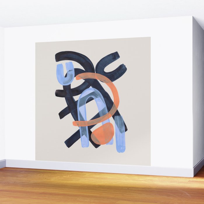 Midcentury Modern Minimalist Funky Cool Tribal Pattern Paynes Grey Pastel Blue Tan Shapes by Ejaaz Haniff Wall Mural Gallery Image 2