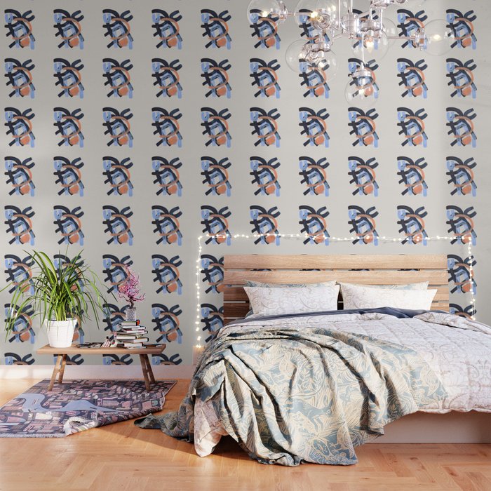 Midcentury Modern Minimalist Funky Cool Tribal Pattern Paynes Grey Pastel Blue Tan Shapes by Ejaaz Haniff Wallpaper Gallery Image 1