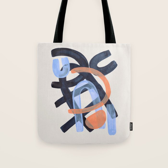 Midcentury Modern Minimalist Funky Cool Tribal Pattern Paynes Grey Pastel Blue Tan Shapes by Ejaaz Haniff Tote Bag Gallery Image 1
