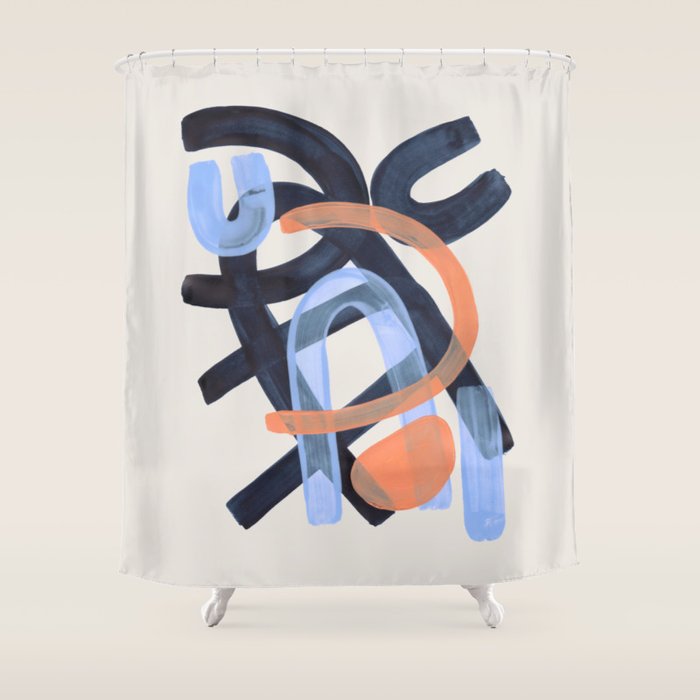 Midcentury Modern Minimalist Funky Cool Tribal Pattern Paynes Grey Pastel Blue Tan Shapes by Ejaaz Haniff Shower Curtain Gallery Image 1