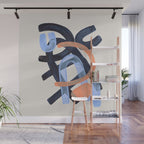 Midcentury Modern Minimalist Funky Cool Tribal Pattern Paynes Grey Pastel Blue Tan Shapes by Ejaaz Haniff Wall Mural Gallery Image 1