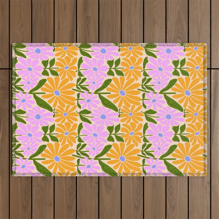 Retro Groovy Daisies - Orange, Pink, Very-Peri and Green  Outdoor Rug Gallery Image 1