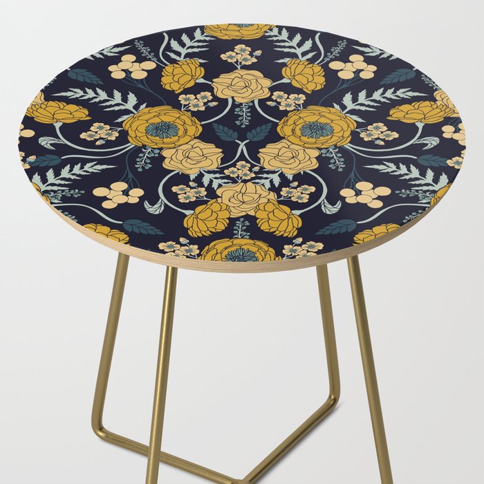 Navy Blue, Turquoise, Cream & Mustard Yellow Dark Floral Pattern Side Table Gallery Image 2