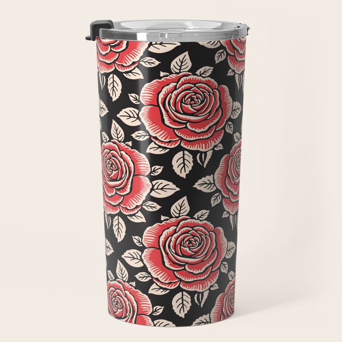 Traditional vintage red rose flower art pattern Travel Mug Gallery Image 3