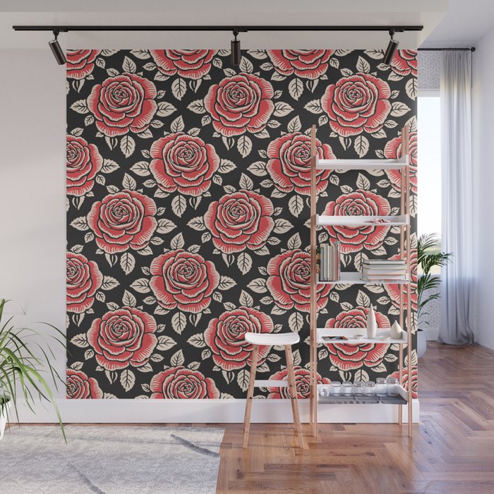 Traditional vintage red rose flower art pattern Wall Mural Gallery Image 1