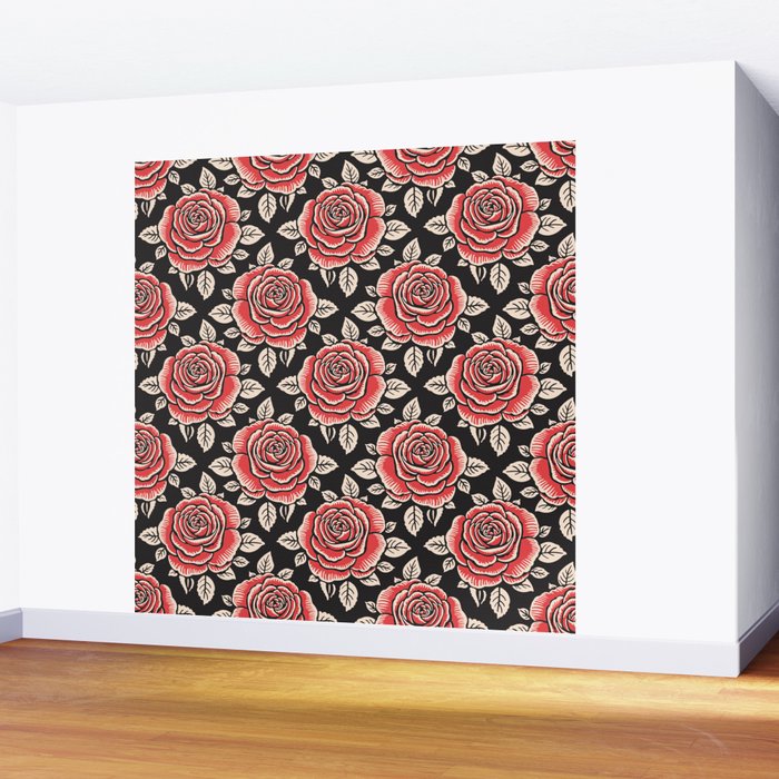 Traditional vintage red rose flower art pattern Wall Mural Gallery Image 2