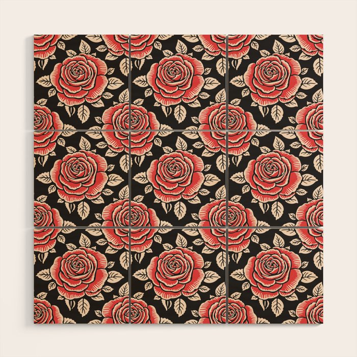 Traditional vintage red rose flower art pattern Wood Wall Art Gallery Image 1