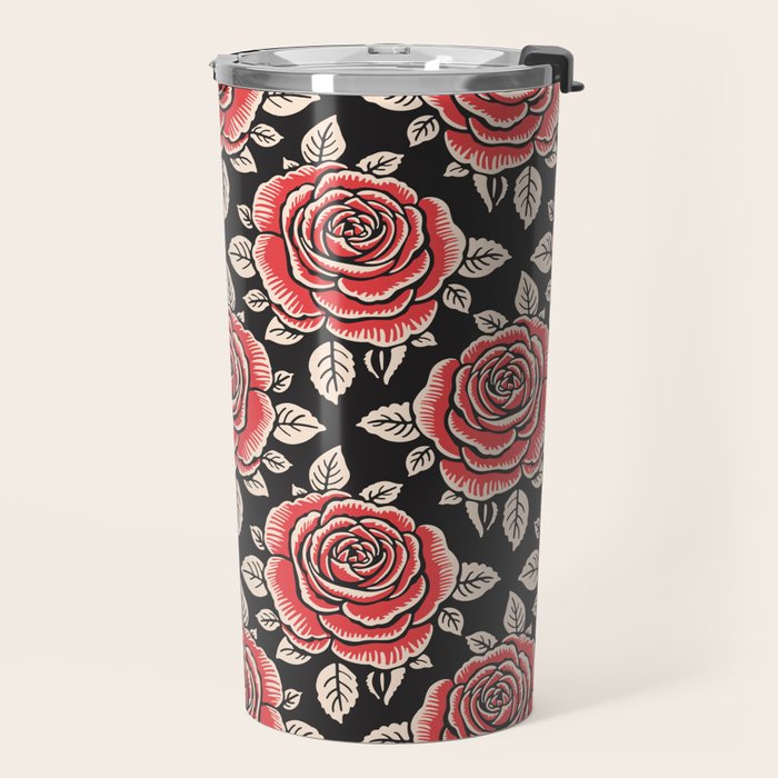 Traditional vintage red rose flower art pattern Travel Mug Gallery Image 2