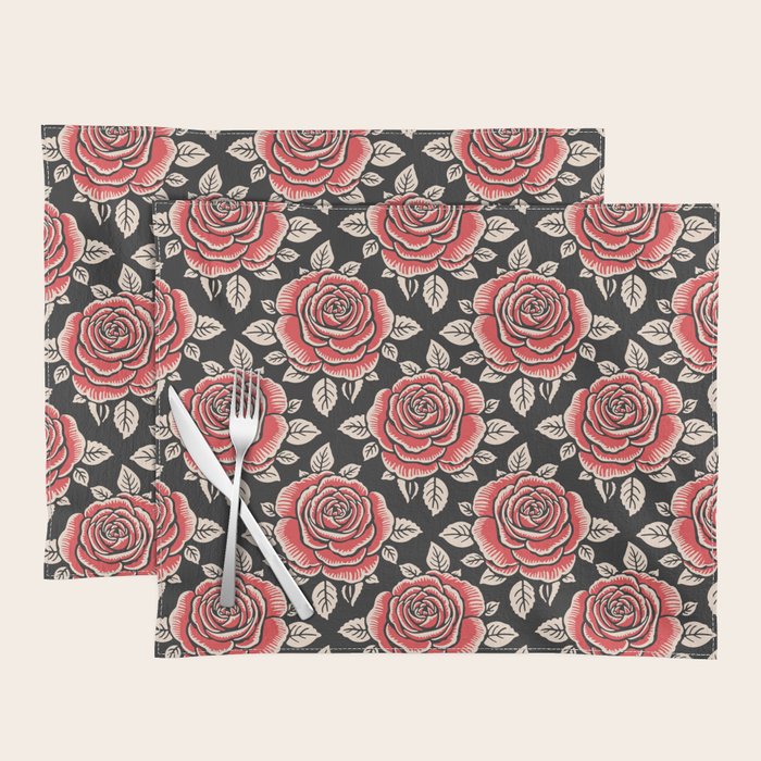 Traditional vintage red rose flower art pattern Placemat Gallery Image 1