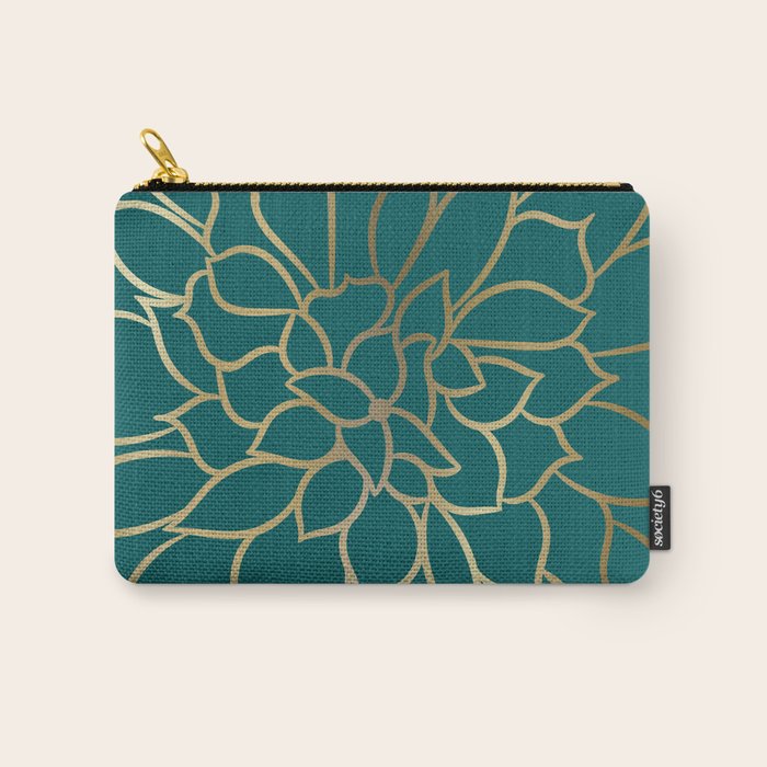 Festive, Flower Bloom, Teal Green and Gold Carry All Pouch Gallery Image 1