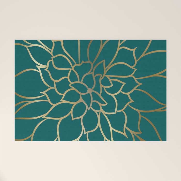 Festive, Flower Bloom, Teal Green and Gold Welcome Mat Gallery Image 1