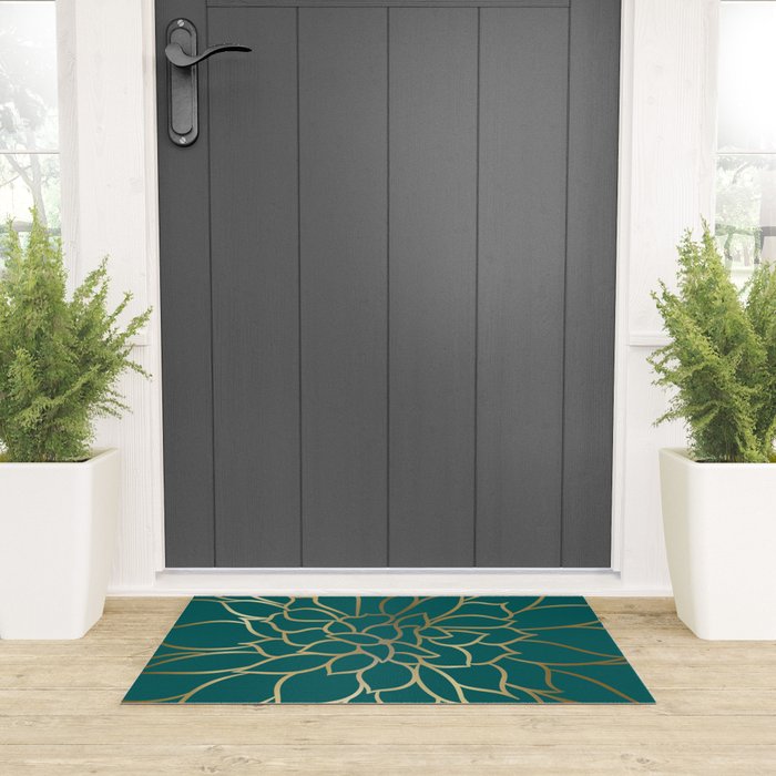 Festive, Flower Bloom, Teal Green and Gold Welcome Mat Gallery Image 3