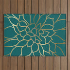 Festive, Flower Bloom, Teal Green and Gold Outdoor Rug Gallery Image 1