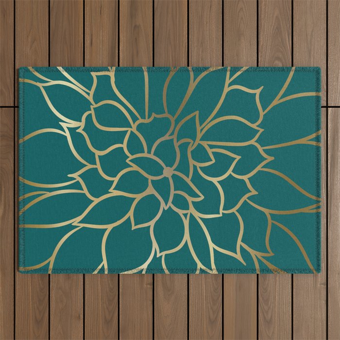 Festive, Flower Bloom, Teal Green and Gold Outdoor Rug Gallery Image 1