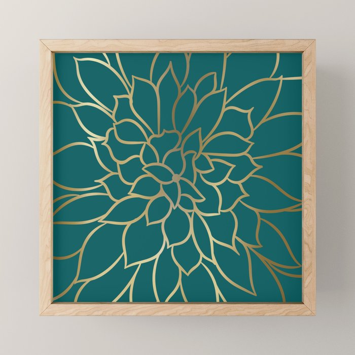 Festive, Flower Bloom, Teal Green and Gold Mini Art Print Gallery Image 1