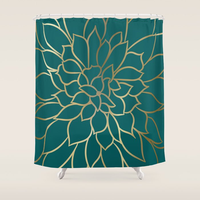 Festive, Flower Bloom, Teal Green and Gold Shower Curtain Gallery Image 1