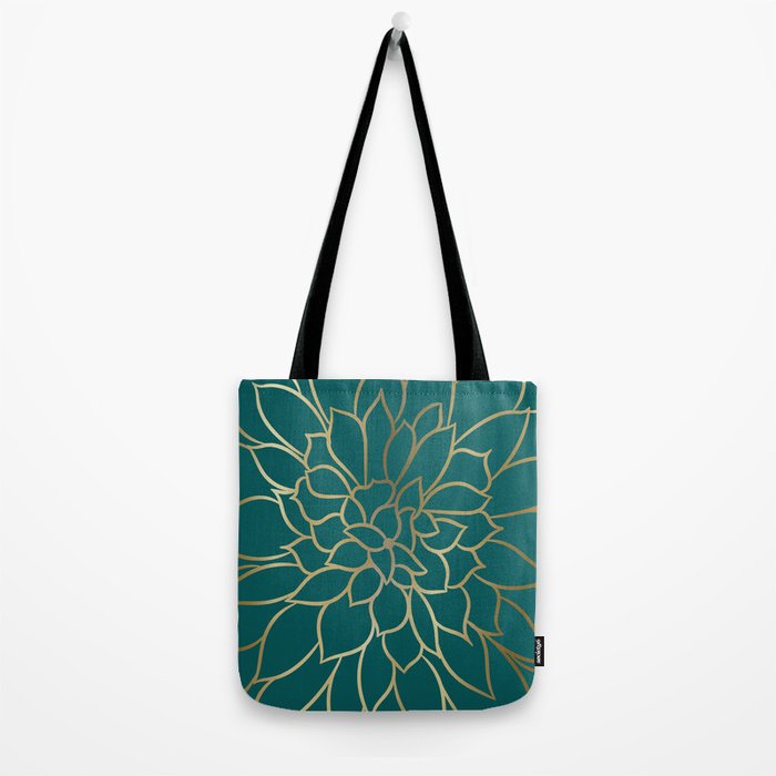 Festive, Flower Bloom, Teal Green and Gold Tote Bag Gallery Image 2