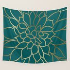 Festive, Flower Bloom, Teal Green and Gold Wall Tapestry Gallery Image 4