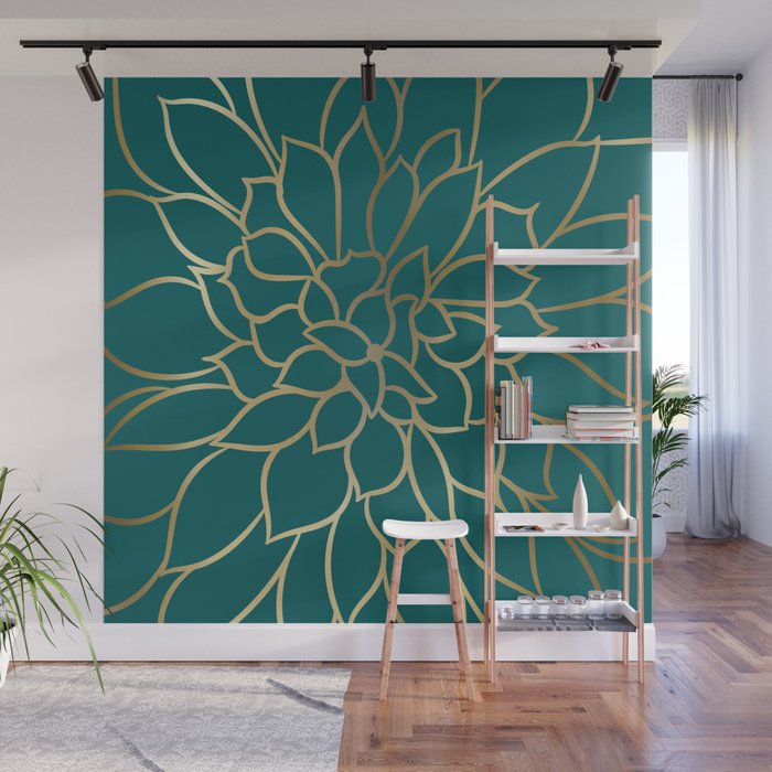 Festive, Flower Bloom, Teal Green and Gold Wall Mural Gallery Image 1