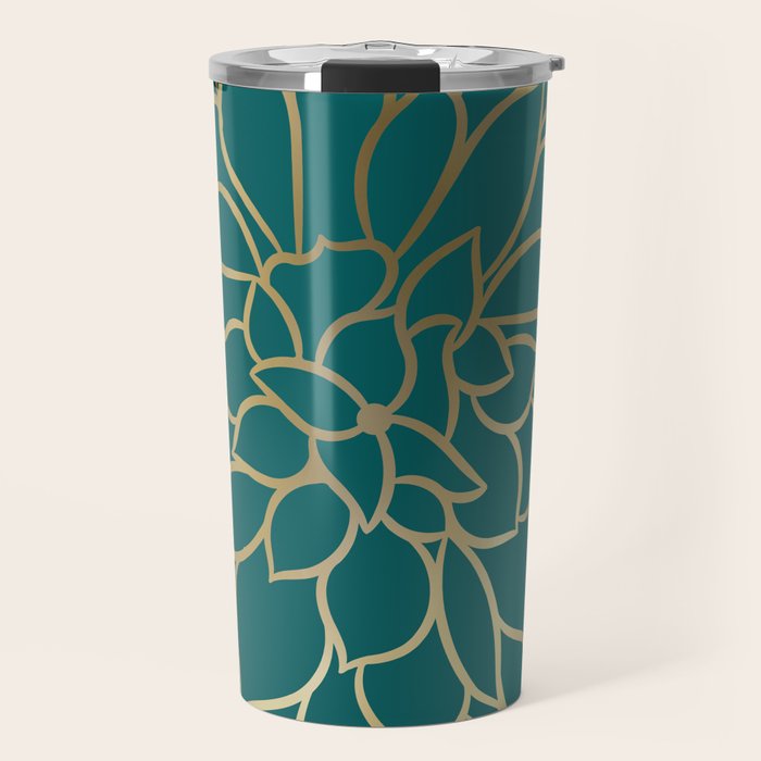 Festive, Flower Bloom, Teal Green and Gold Travel Mug Gallery Image 1