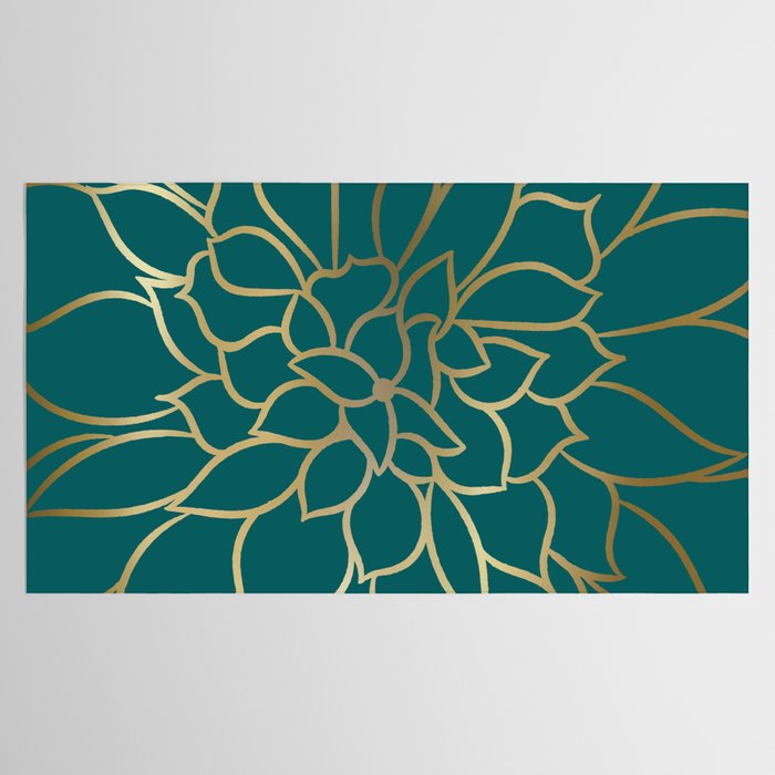 Festive, Flower Bloom, Teal Green and Gold Tablecloth Gallery Image 2