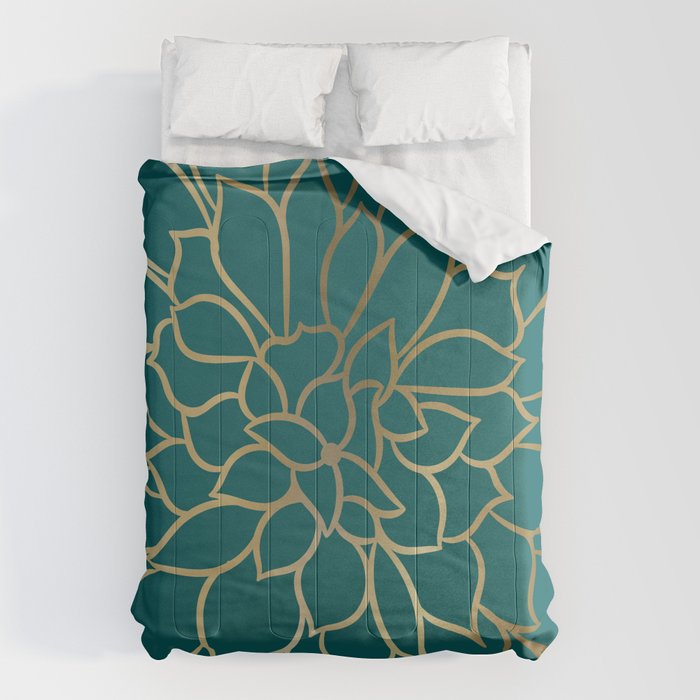 Festive, Flower Bloom, Teal Green and Gold Comforter Gallery Image 1