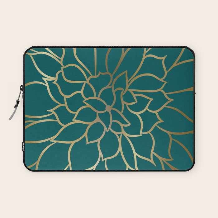Festive, Flower Bloom, Teal Green and Gold Laptop Sleeve Gallery Image 1