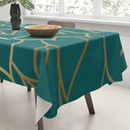 Festive, Flower Bloom, Teal Green and Gold Tablecloth Gallery Image 3