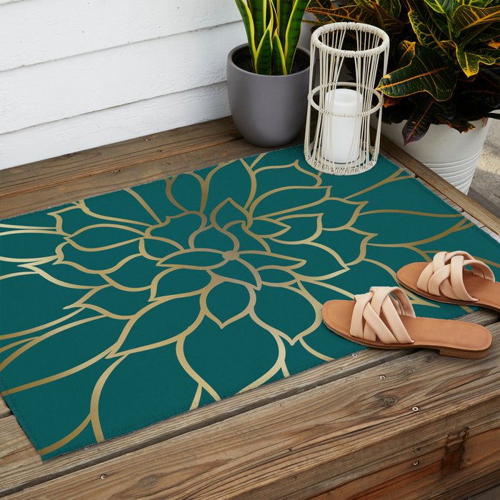 Festive, Flower Bloom, Teal Green and Gold Outdoor Rug Gallery Image 2