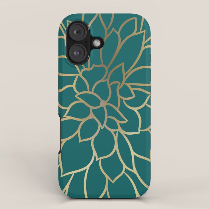 Festive, Flower Bloom, Teal Green and Gold iPhone Case Gallery Image 1