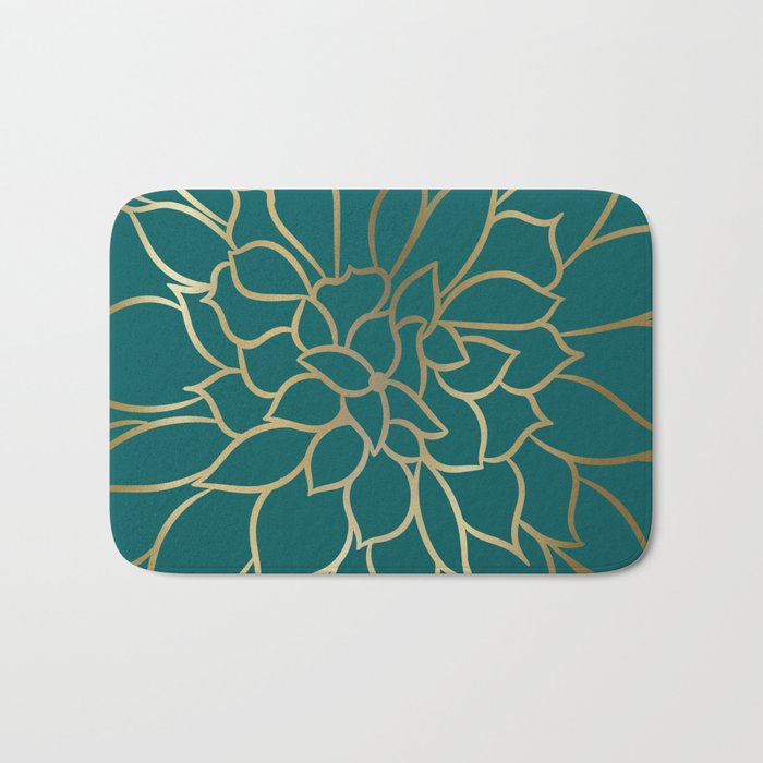 Festive, Flower Bloom, Teal Green and Gold Bath Mat Gallery Image 1