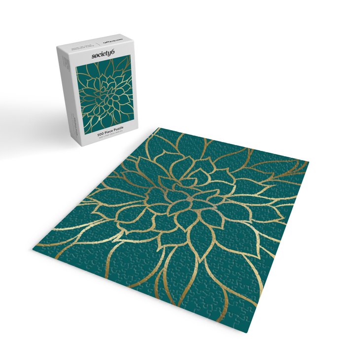 Festive, Flower Bloom, Teal Green and Gold Jigsaw Puzzle Gallery Image 2