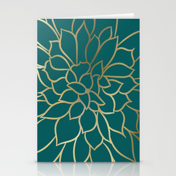 Festive, Flower Bloom, Teal Green and Gold Stationery Card Gallery Image 1