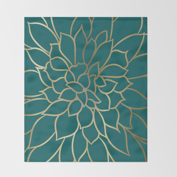 Festive, Flower Bloom, Teal Green and Gold Throw Blanket Gallery Image 2