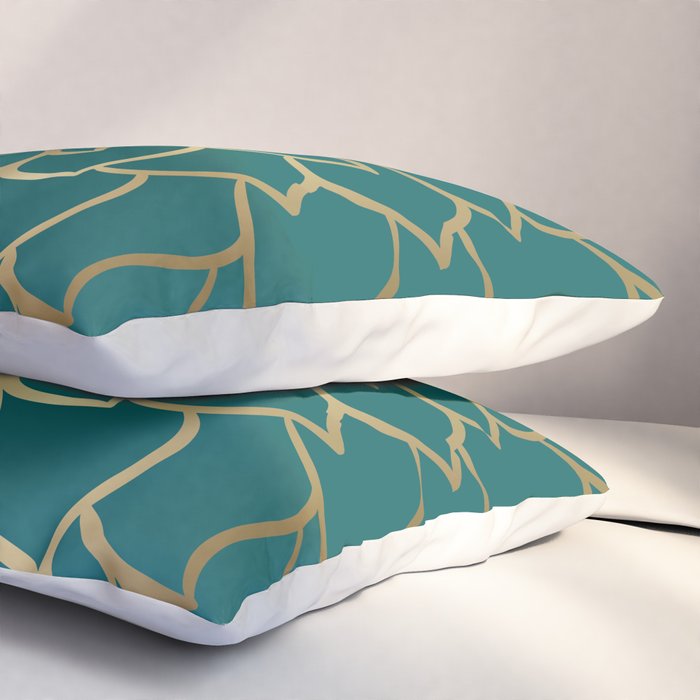 Festive, Flower Bloom, Teal Green and Gold Pillow Sham Gallery Image 3