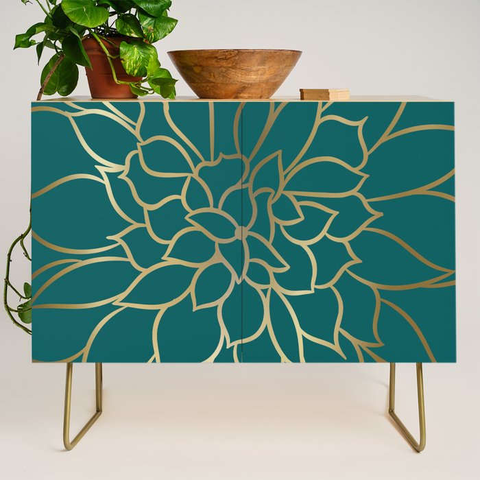 Festive, Flower Bloom, Teal Green and Gold Credenza Gallery Image 1