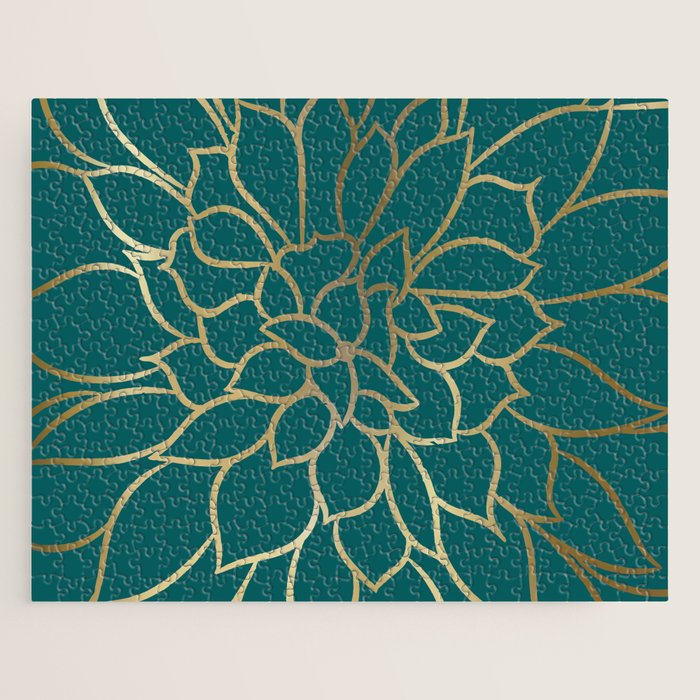 Festive, Flower Bloom, Teal Green and Gold Jigsaw Puzzle Gallery Image 1