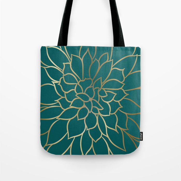 Festive, Flower Bloom, Teal Green and Gold Tote Bag Gallery Image 1