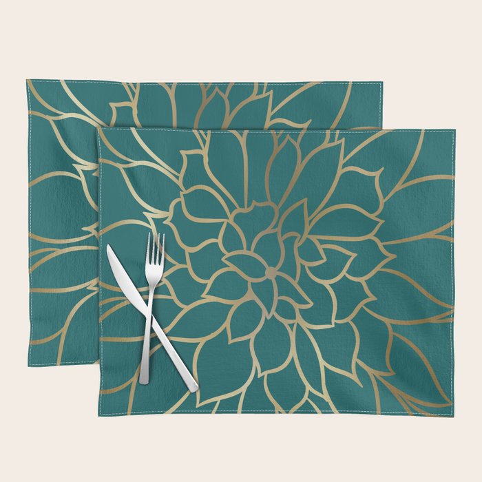 Festive, Flower Bloom, Teal Green and Gold Placemat Gallery Image 1