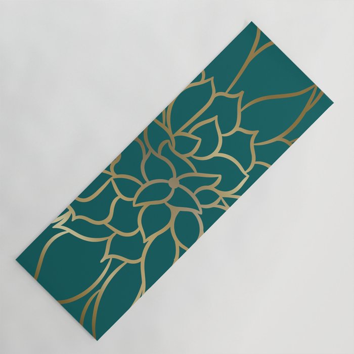 Festive, Flower Bloom, Teal Green and Gold Yoga Mat Gallery Image 1