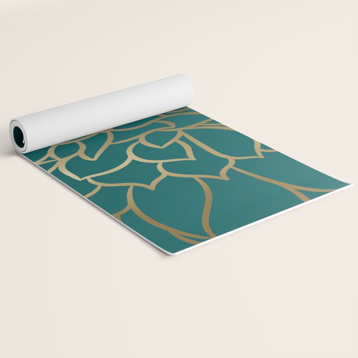 Festive, Flower Bloom, Teal Green and Gold Yoga Mat Gallery Image 2
