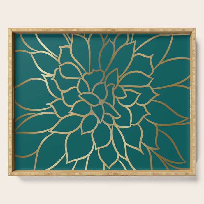 Festive, Flower Bloom, Teal Green and Gold Serving Tray Gallery Image 1