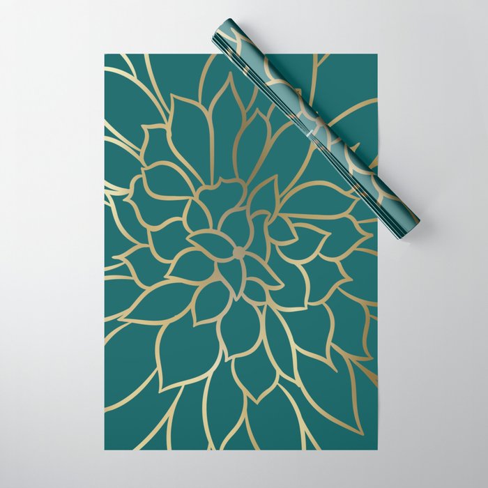 Festive, Flower Bloom, Teal Green and Gold Wrapping Paper Gallery Image 1