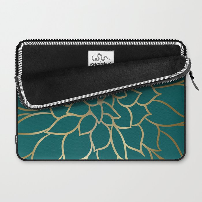 Festive, Flower Bloom, Teal Green and Gold Laptop Sleeve Gallery Image 2