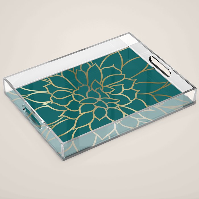 Festive, Flower Bloom, Teal Green and Gold Acrylic Tray Gallery Image 1