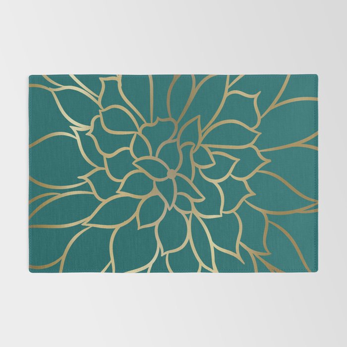 Festive, Flower Bloom, Teal Green and Gold Rug Gallery Image 2